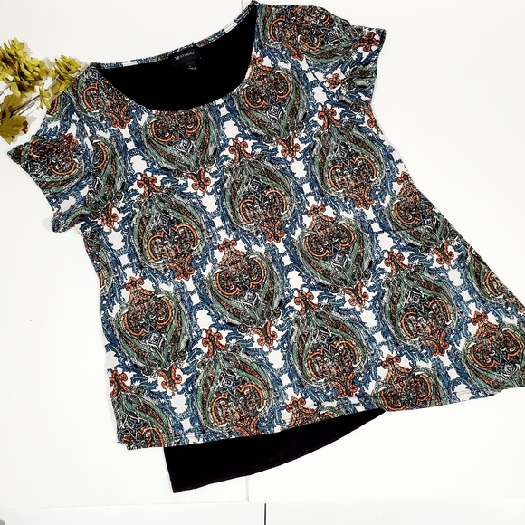 AB Studio Asymmetric Print Scoop Neck Short Sleeve Top Blouse Shirt Size L EUC - Picture 9 of 15
